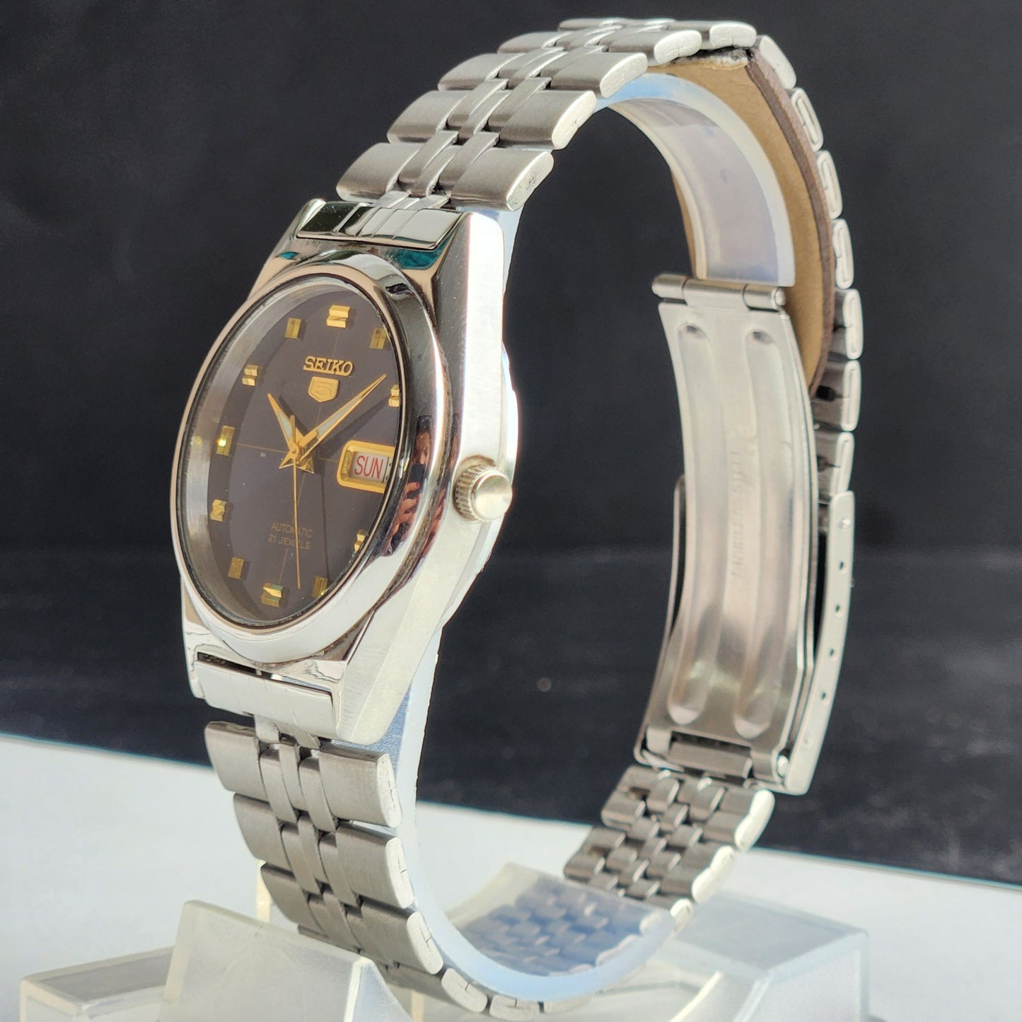 Vintage Original Seiko 5 Automatic 7S26 Blue Face 21 Jewels Exhibition Back Day-Date Japanese Men's Wrist Watch EG142