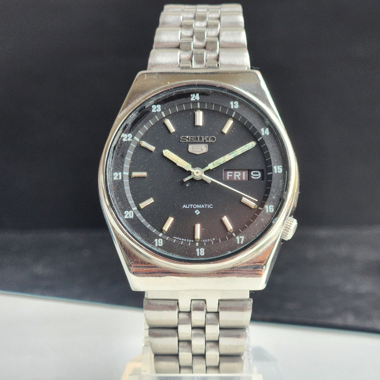 Vintage 1982 Original Seiko 5 Automatic 6309-6020 Black Face 17 Jewels Day-Date Japanese Men's Wrist Watch EG128