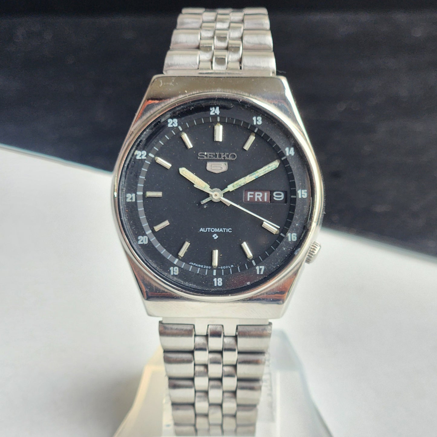 Vintage 1982 Original Seiko 5 Automatic 6309-6020 Black Face 17 Jewels Day-Date Japanese Men's Wrist Watch EG128