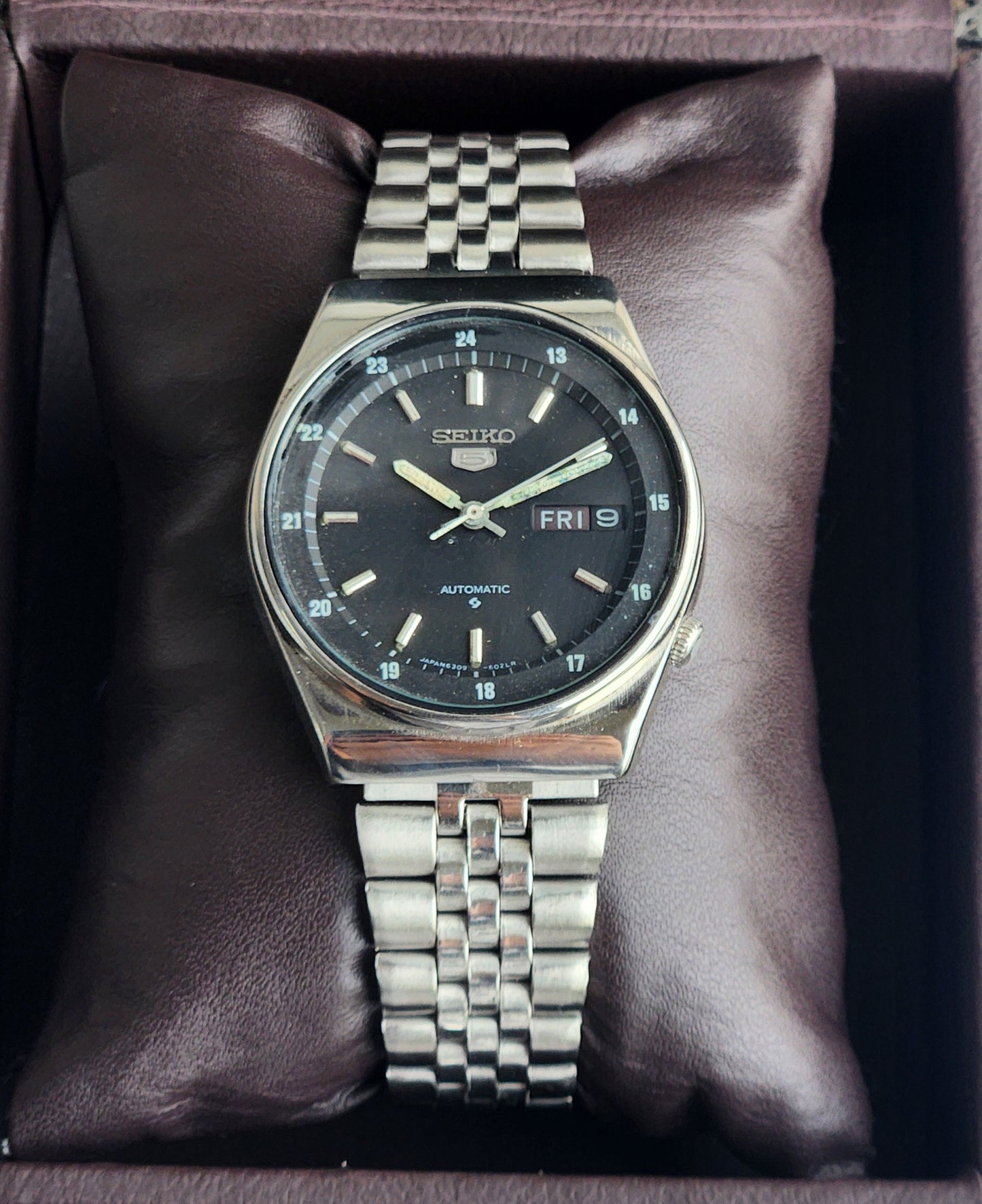 Vintage 1982 Original Seiko 5 Automatic 6309-6020 Black Face 17 Jewels Day-Date Japanese Men's Wrist Watch EG128