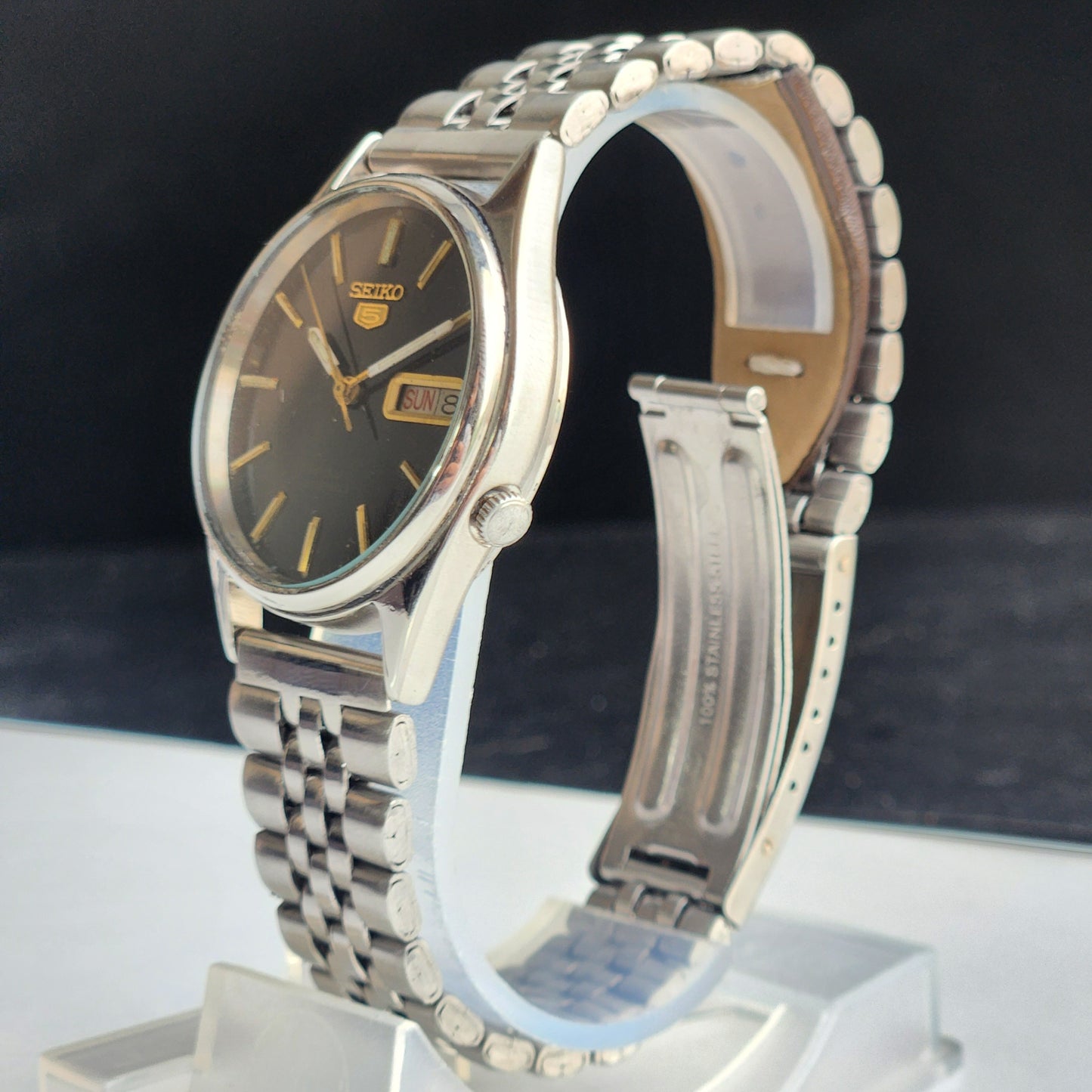Vintage 1980 Original Seiko 5 Automatic 7009-3061 Black Face 17 Jewels Day-Date Japanese Men's Wrist Watch EG125
