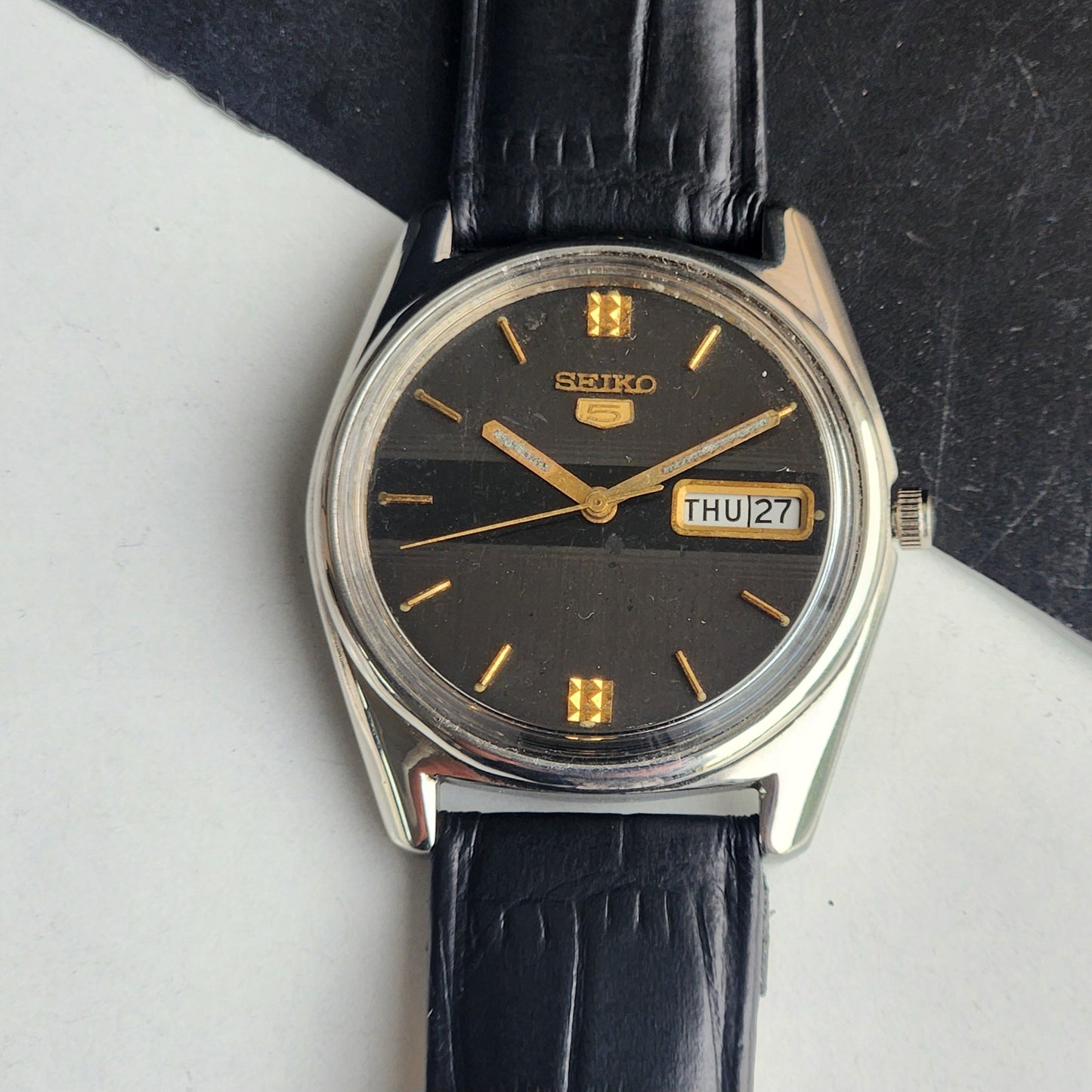 Vintage 1982 Original Seiko 5 Automatic 6309-5680 Black Face 17 Jewels Day-Date Japanese Men's Wrist Watch EG126