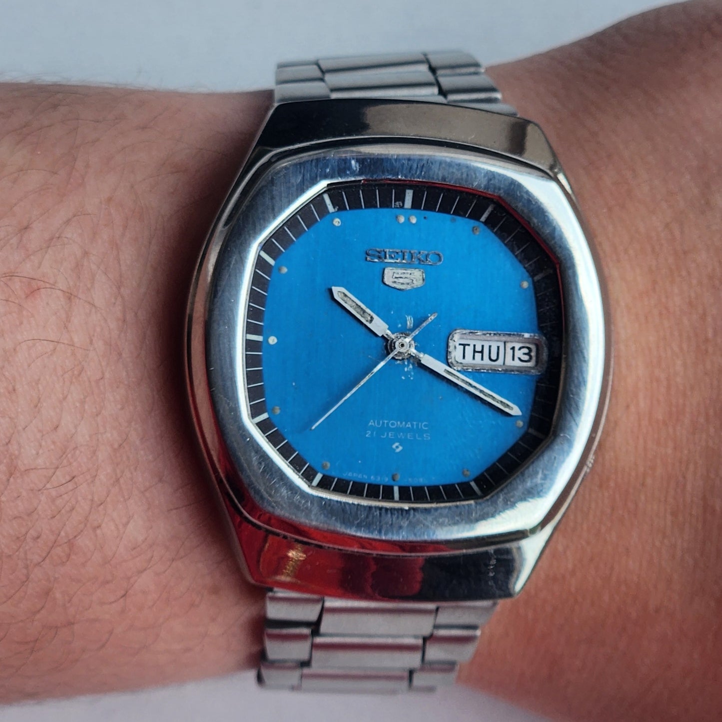 Vintage 1979 Original Seiko 5 Automatic 6319-5070 Blue Face 21 Jewels Day-Date Japanese Men's Wrist Watch EG129
