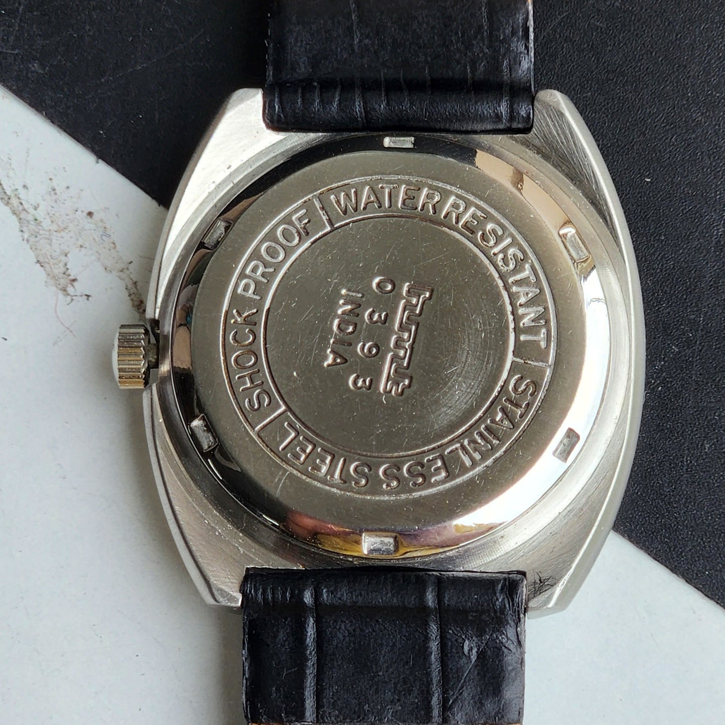Vintage Original HMT Chirag Hand Winding 17 Jewels Green Face Black Leather Strap Men's Wrist Watch F99