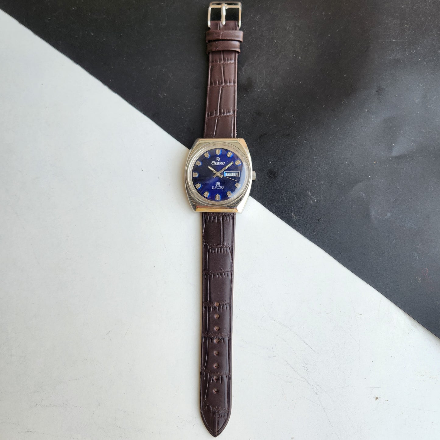 Vintage Original Ricoh R31 Blue Face Automatic 21 Jewels Brown Croco Leather Strap Men's Wrist Watch G59