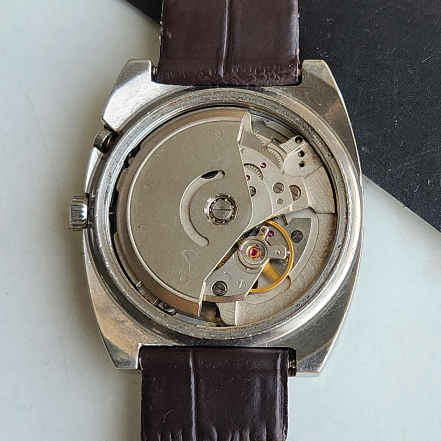 Vintage Original Ricoh R31 Blue Face Automatic 21 Jewels Brown Croco Leather Strap Men's Wrist Watch G59