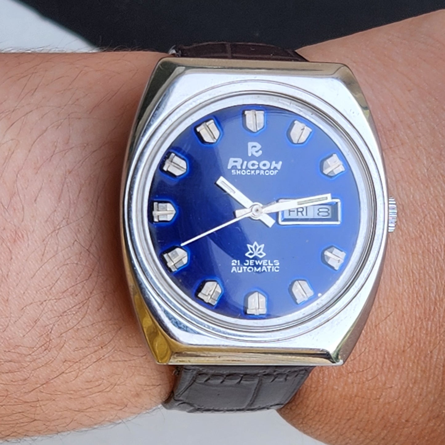 Vintage Original Ricoh R31 Blue Face Automatic 21 Jewels Brown Croco Leather Strap Men's Wrist Watch G59