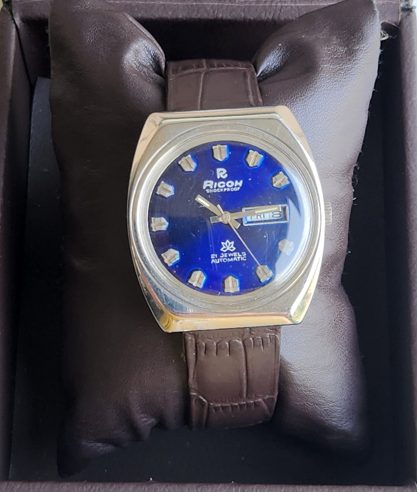 Vintage Original Ricoh R31 Blue Face Automatic 21 Jewels Brown Croco Leather Strap Men's Wrist Watch G59