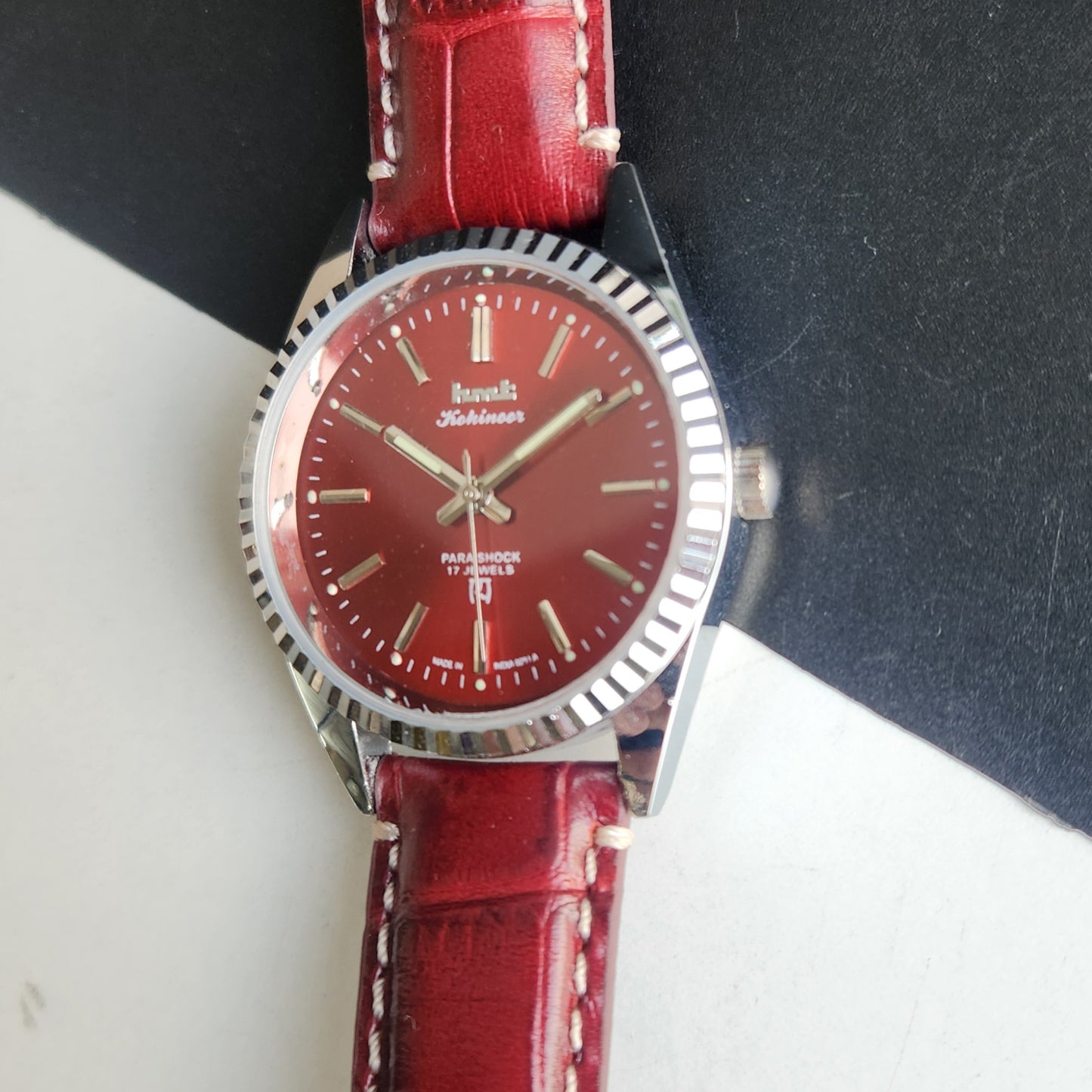 Vintage HMT Kohinoor Hand Winding 17 Jewels Red Face Fluted Bezel Red Leather strap Men's Wrist Watch G45