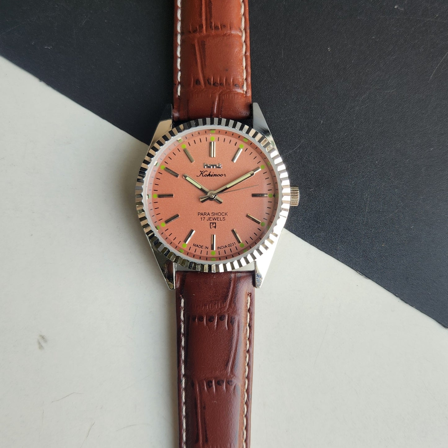 Vintage HMT Kohinoor Hand Winding 17 Jewels Peach Face Fluted Bezel Brown Leather strap Men's Wrist Watch G44