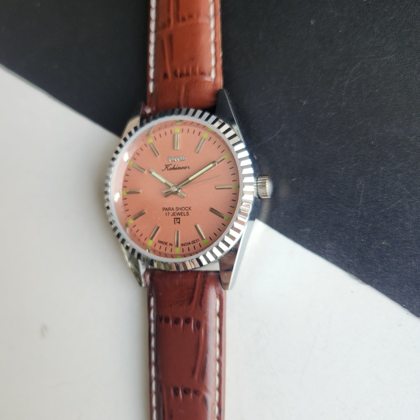 Vintage HMT Kohinoor Hand Winding 17 Jewels Peach Face Fluted Bezel Brown Leather strap Men's Wrist Watch G44