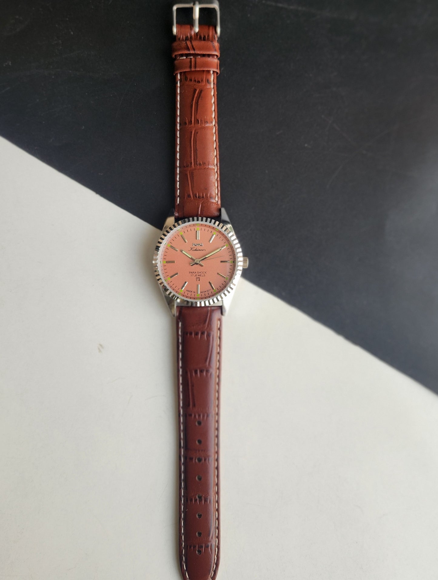 Vintage HMT Kohinoor Hand Winding 17 Jewels Peach Face Fluted Bezel Brown Leather strap Men's Wrist Watch G44
