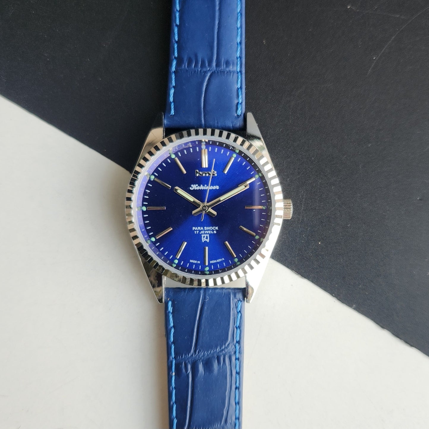 Vintage HMT Kohinoor Hand Winding 17 Jewels Blue Face Fluted Bezel Blue Leather strap Men's Wrist Watch G43