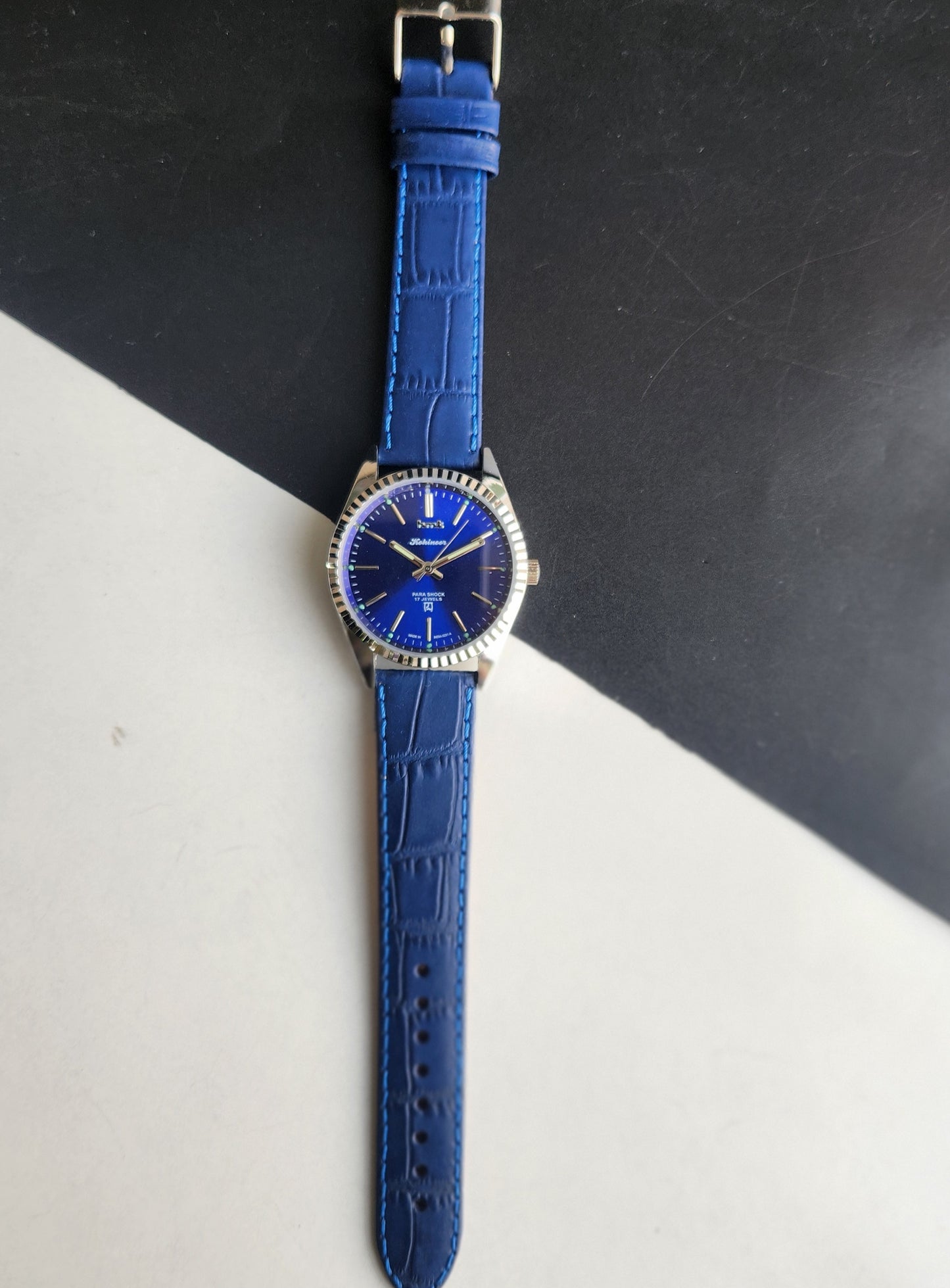 Vintage HMT Kohinoor Hand Winding 17 Jewels Blue Face Fluted Bezel Blue Leather strap Men's Wrist Watch G43