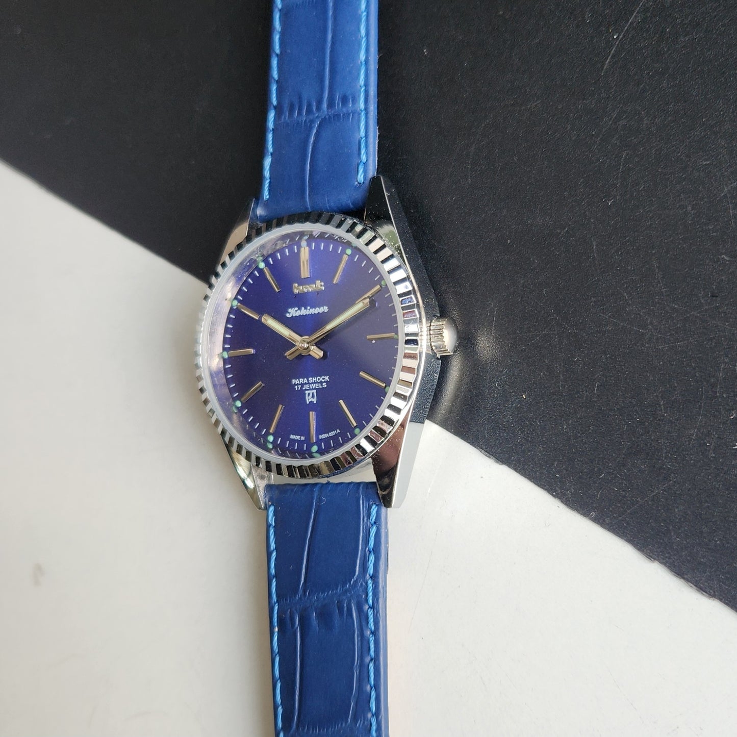 Vintage HMT Kohinoor Hand Winding 17 Jewels Blue Face Fluted Bezel Blue Leather strap Men's Wrist Watch G43