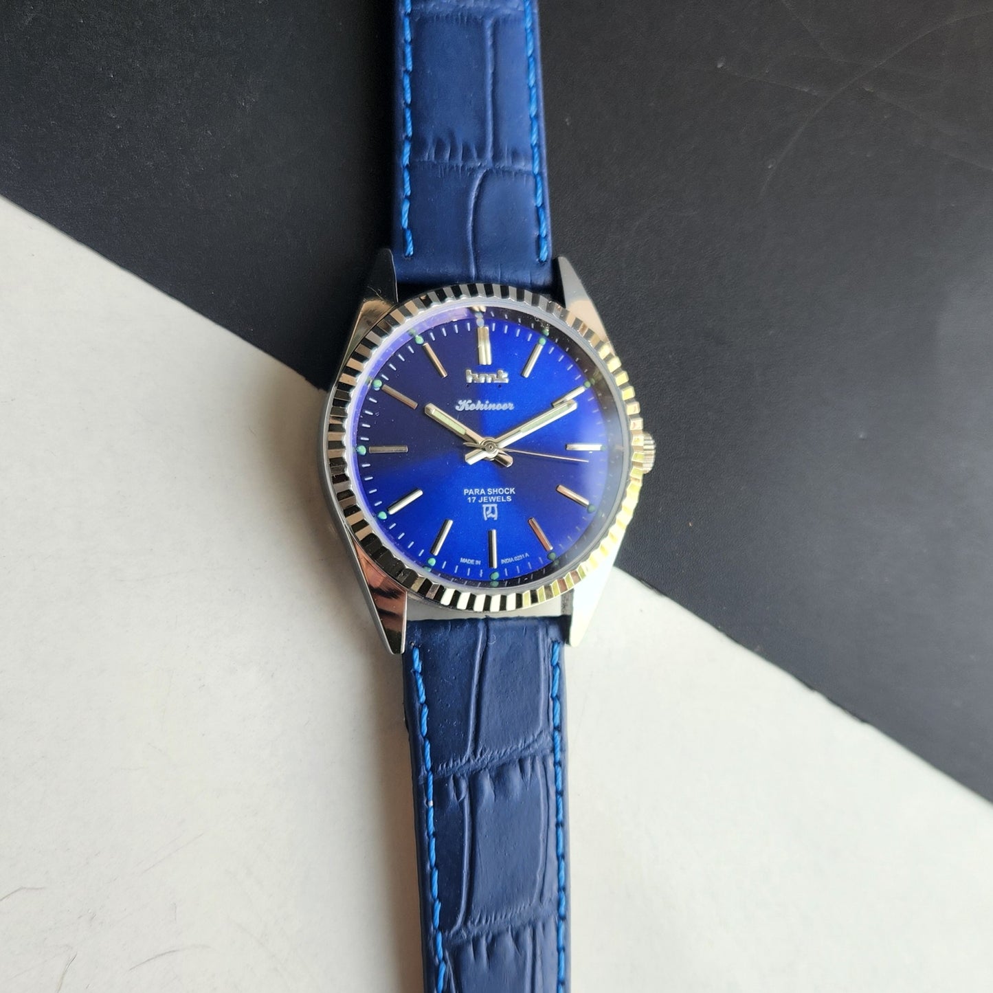 Vintage HMT Kohinoor Hand Winding 17 Jewels Blue Face Fluted Bezel Blue Leather strap Men's Wrist Watch G43