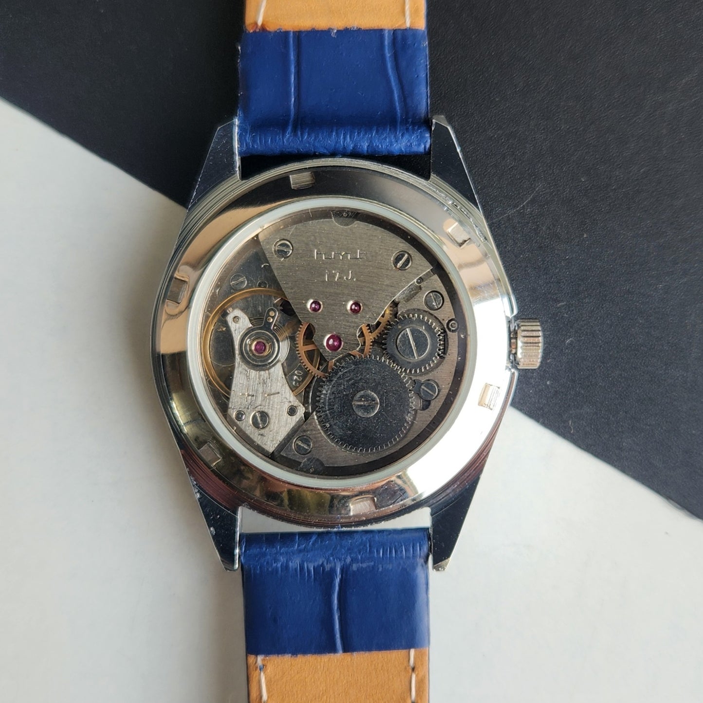 Vintage HMT Kohinoor Hand Winding 17 Jewels Blue Face Fluted Bezel Blue Leather strap Men's Wrist Watch G43