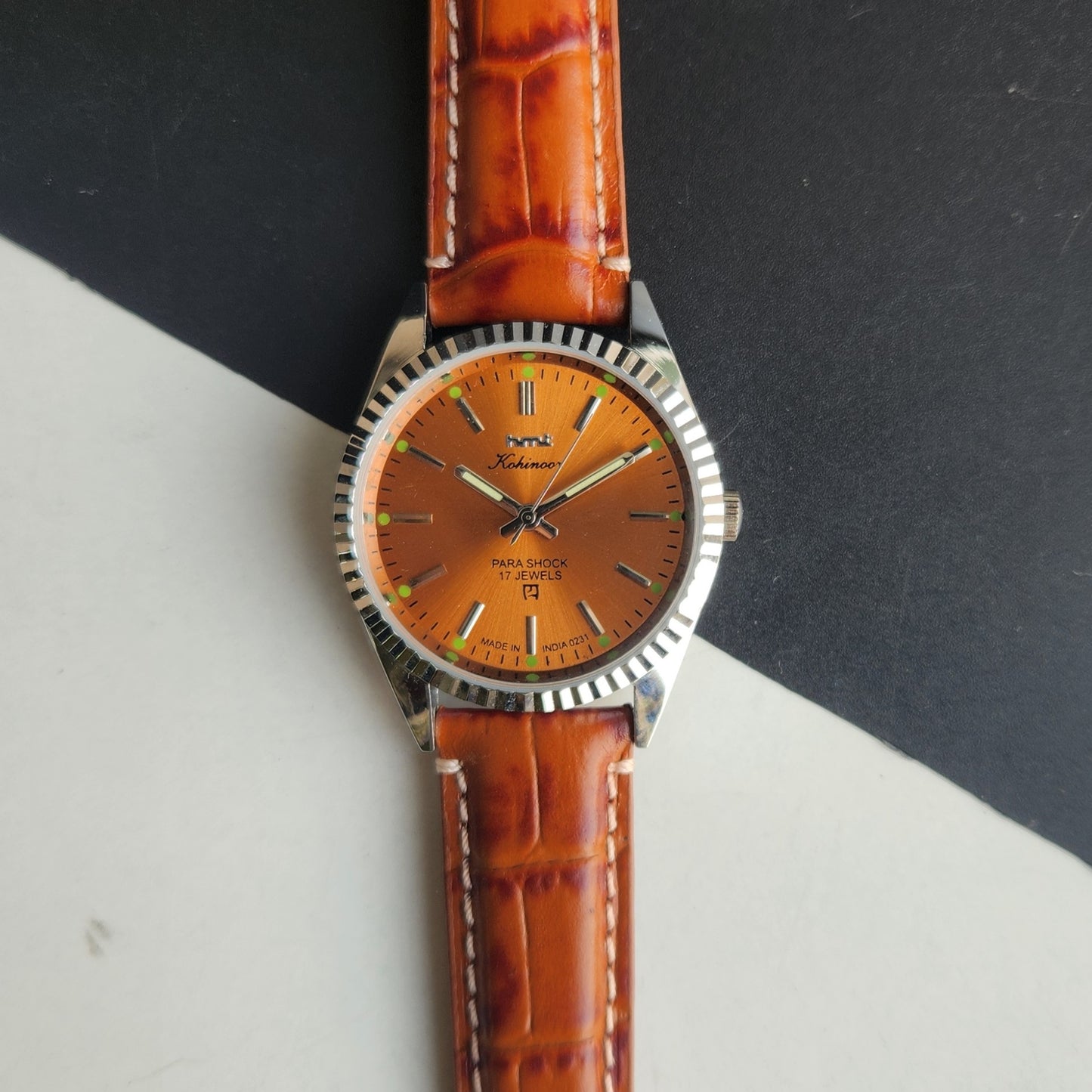 Vintage HMT Kohinoor Hand Winding 17 Jewels Orange Face Fluted Bezel Brown Leather strap Men's Wrist Watch G42