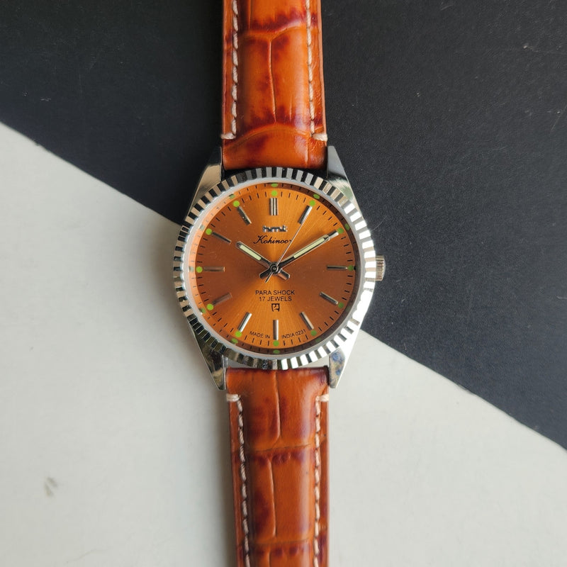 Vintage MOD HMT Kohinoor Hand Winding 17 Jewels Orange Face Fluted Bezel Brown Leather strap Men's Wrist Watch G42