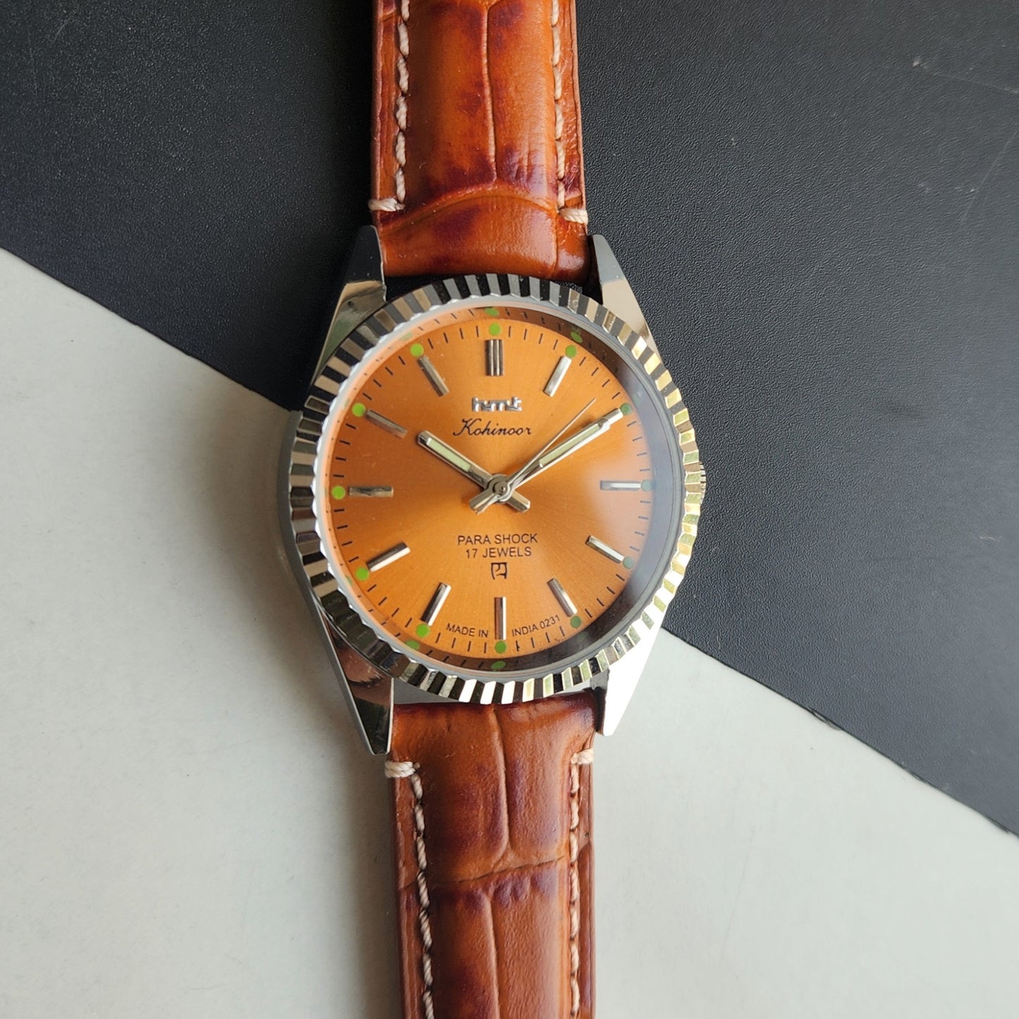 Vintage HMT Kohinoor Hand Winding 17 Jewels Orange Face Fluted Bezel Brown Leather strap Men's Wrist Watch G42