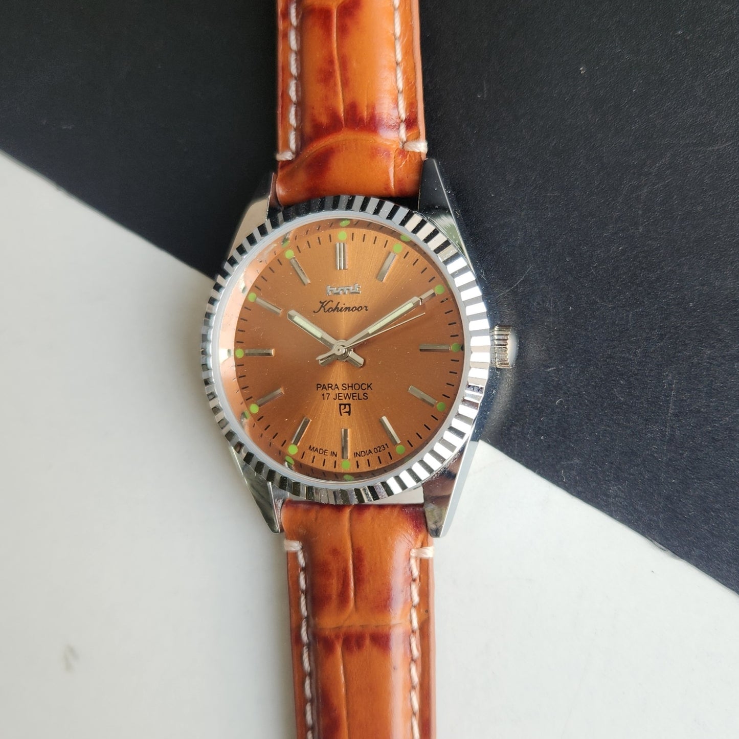 Vintage HMT Kohinoor Hand Winding 17 Jewels Orange Face Fluted Bezel Brown Leather strap Men's Wrist Watch G42