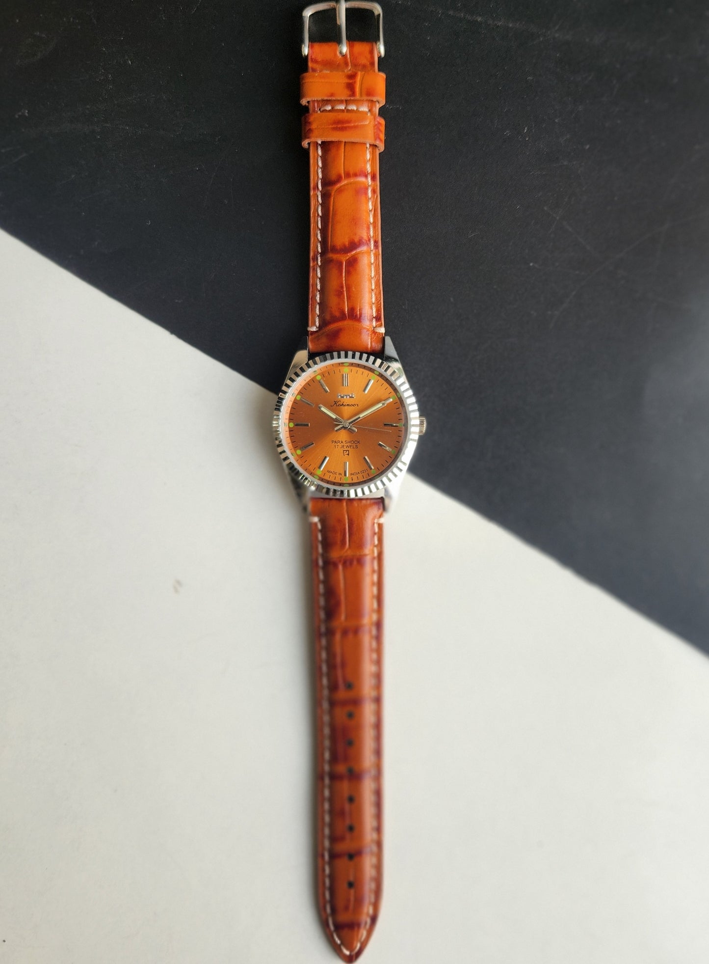 Vintage HMT Kohinoor Hand Winding 17 Jewels Orange Face Fluted Bezel Brown Leather strap Men's Wrist Watch G42