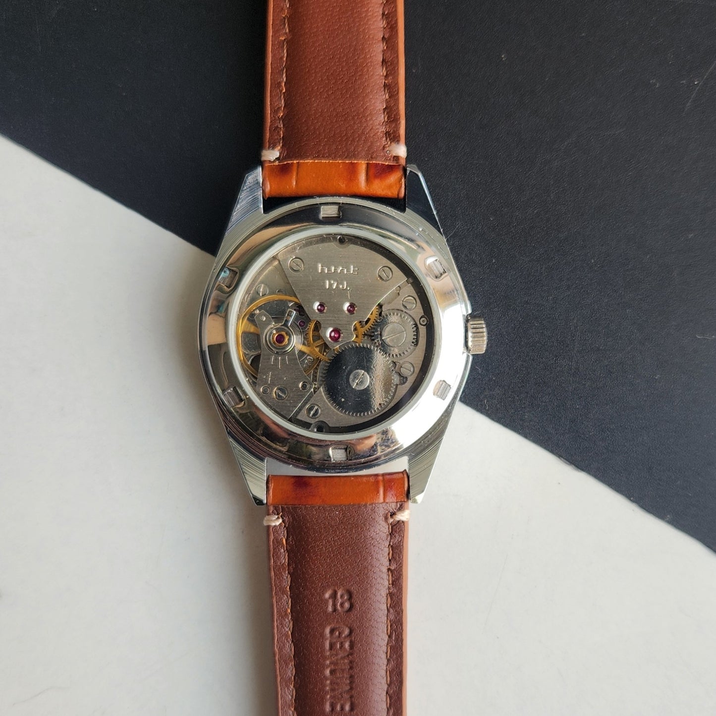 Vintage HMT Kohinoor Hand Winding 17 Jewels Orange Face Fluted Bezel Brown Leather strap Men's Wrist Watch G42