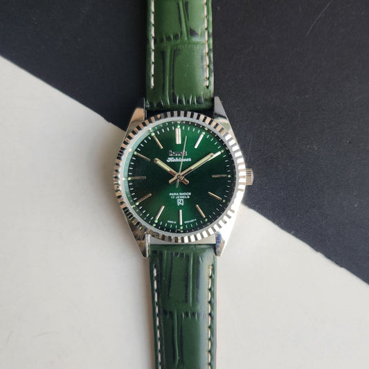 Vintage Mod HMT Kohinoor Hand Winding 17 Jewels Green Face Fluted Bezel Green Leather strap Men's Wrist Watch G41