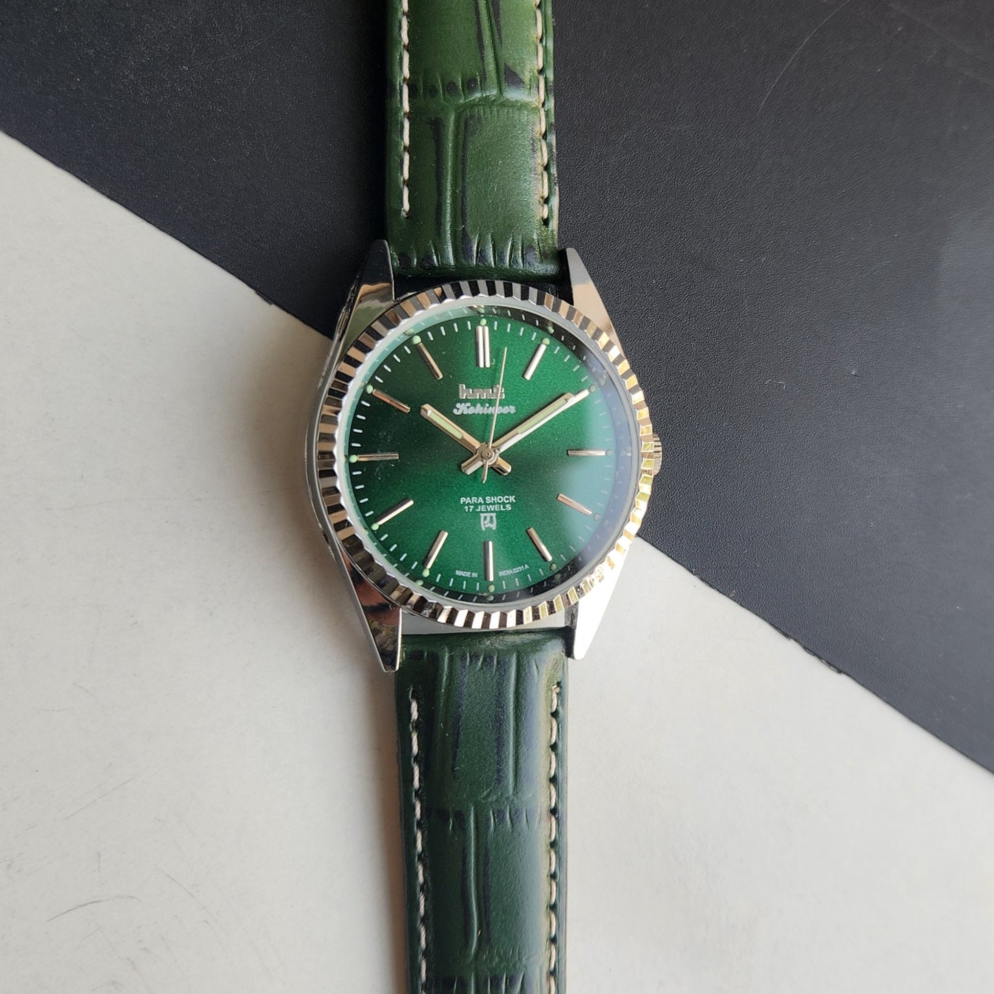 Vintage HMT Kohinoor Hand Winding 17 Jewels Green Face Fluted Bezel Green Leather strap Men's Wrist Watch G41