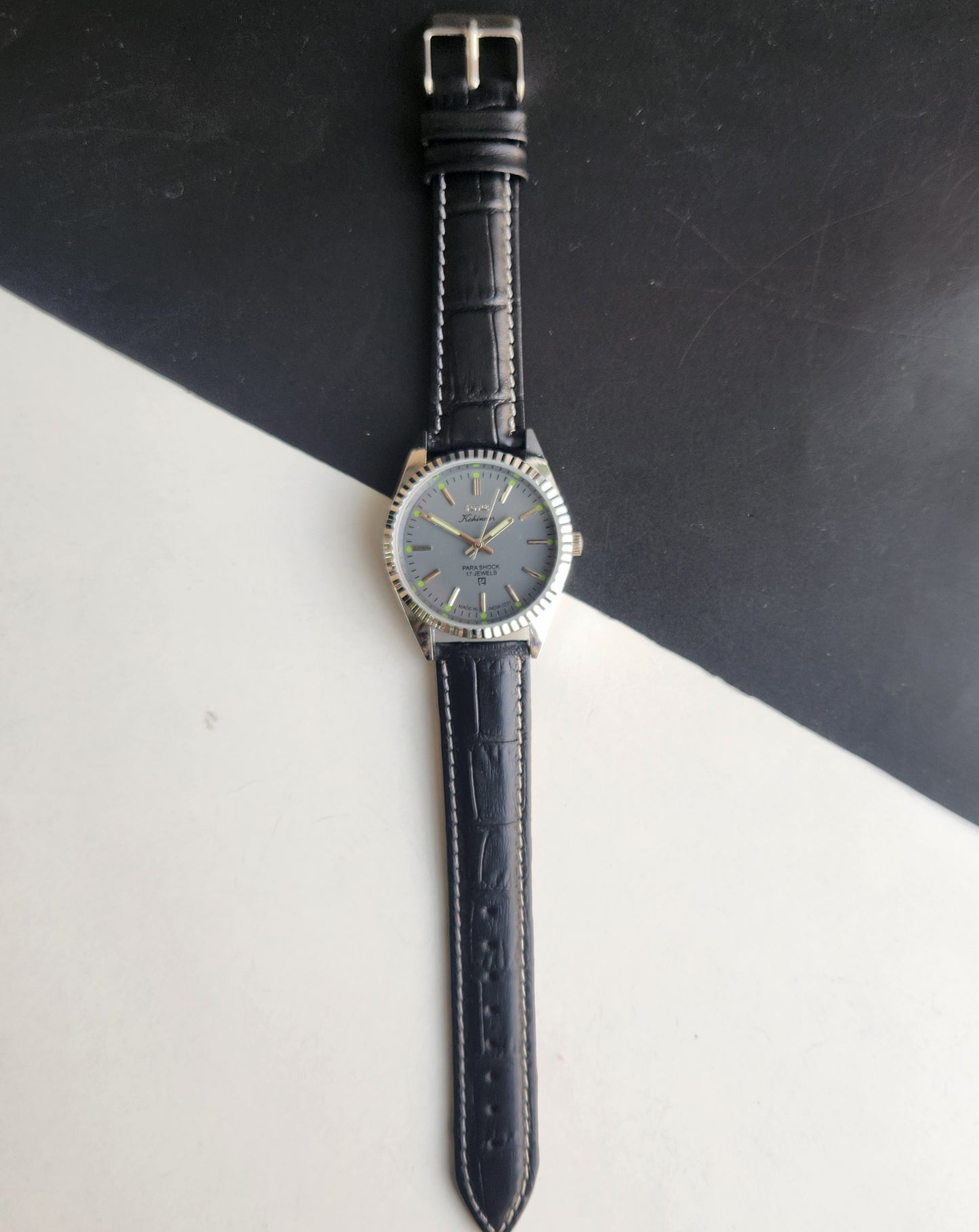 Vintage HMT Kohinoor Hand Winding 17 Jewels Grey Face Fluted Bezel Black Leather strap Men's Wrist Watch G40