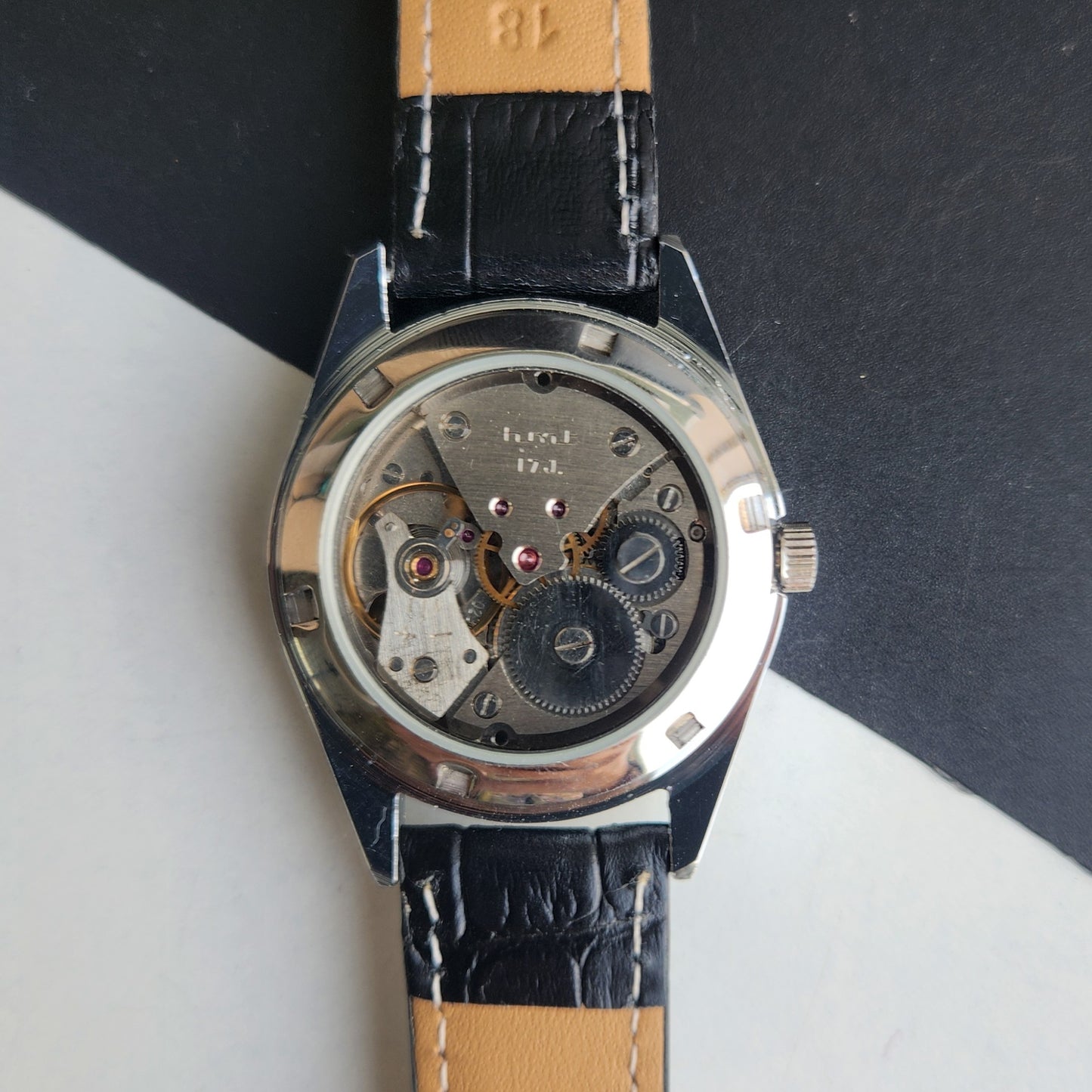 Vintage HMT Kohinoor Hand Winding 17 Jewels Grey Face Fluted Bezel Black Leather strap Men's Wrist Watch G40