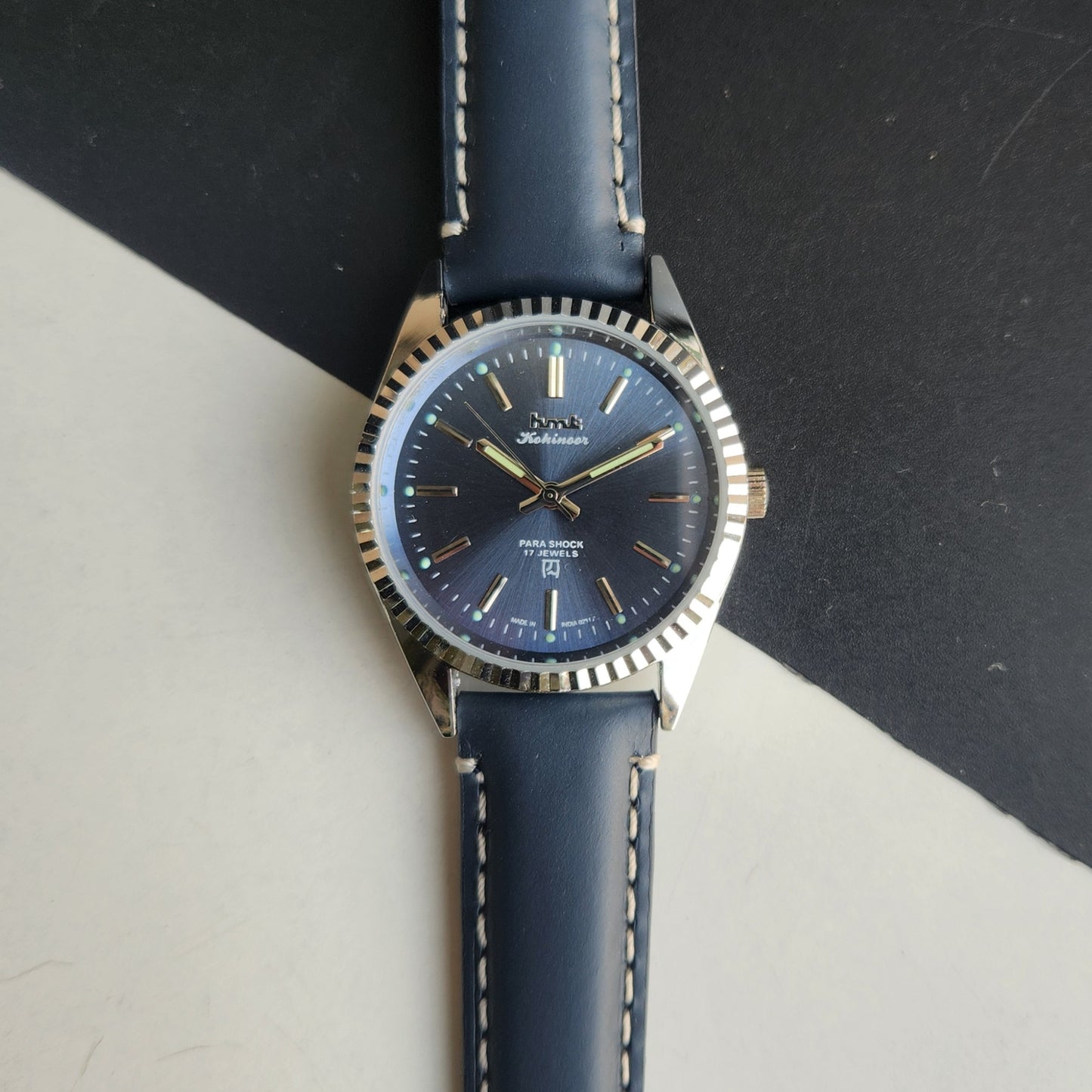 Vintage HMT Kohinoor Hand Winding 17 Jewels Blue Face Fluted Bezel Blue Leather strap Men's Wrist Watch G38