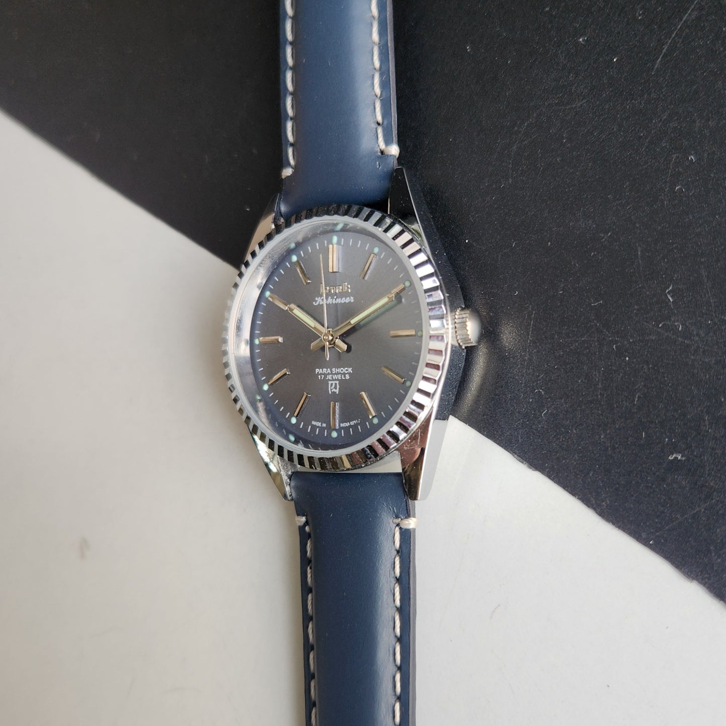 Vintage HMT Kohinoor Hand Winding 17 Jewels Blue Face Fluted Bezel Blue Leather strap Men's Wrist Watch G38
