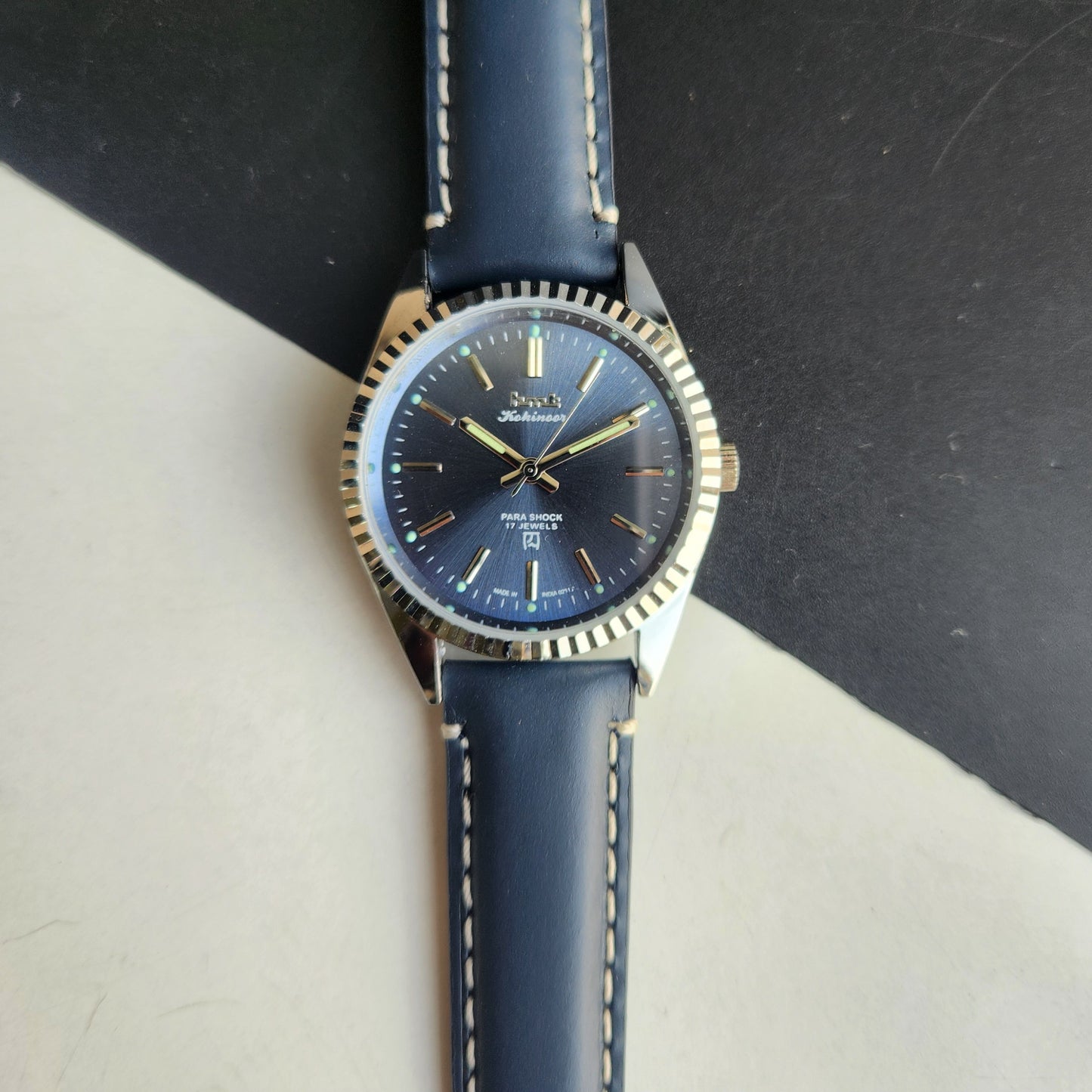 Vintage HMT Kohinoor Hand Winding 17 Jewels Blue Face Fluted Bezel Blue Leather strap Men's Wrist Watch G38