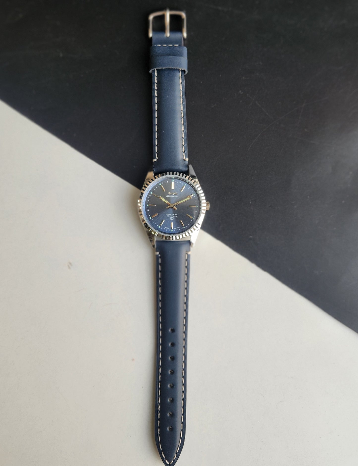 Vintage HMT Kohinoor Hand Winding 17 Jewels Blue Face Fluted Bezel Blue Leather strap Men's Wrist Watch G38