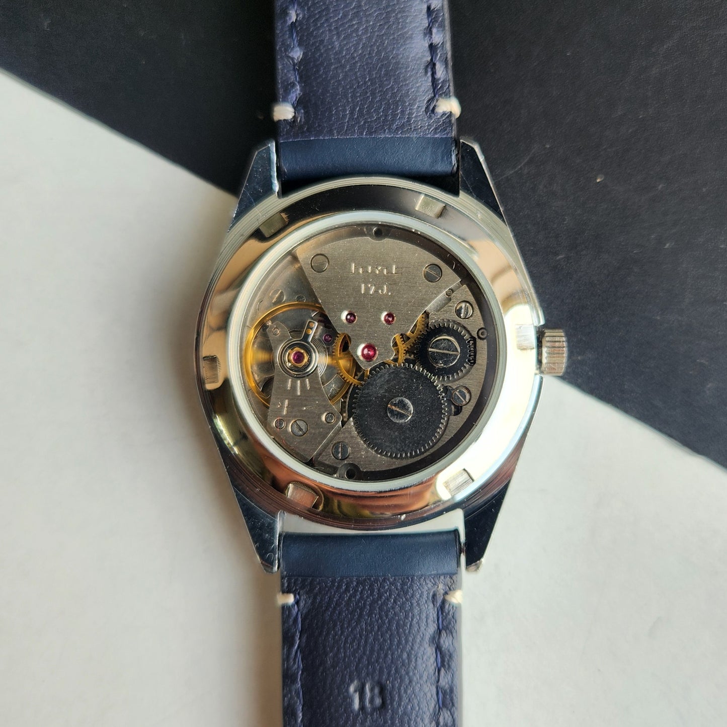 Vintage HMT Kohinoor Hand Winding 17 Jewels Blue Face Fluted Bezel Blue Leather strap Men's Wrist Watch G38
