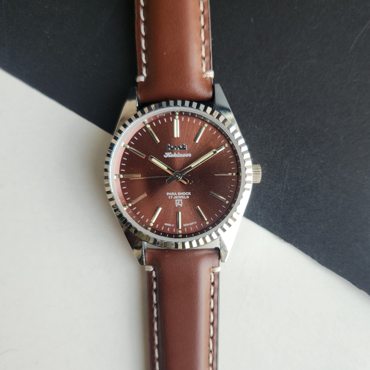 Vintage HMT Kohinoor Hand Winding 17 Jewels Brown Face Fluted Bezel Brown Leather strap Men's Wrist Watch G37