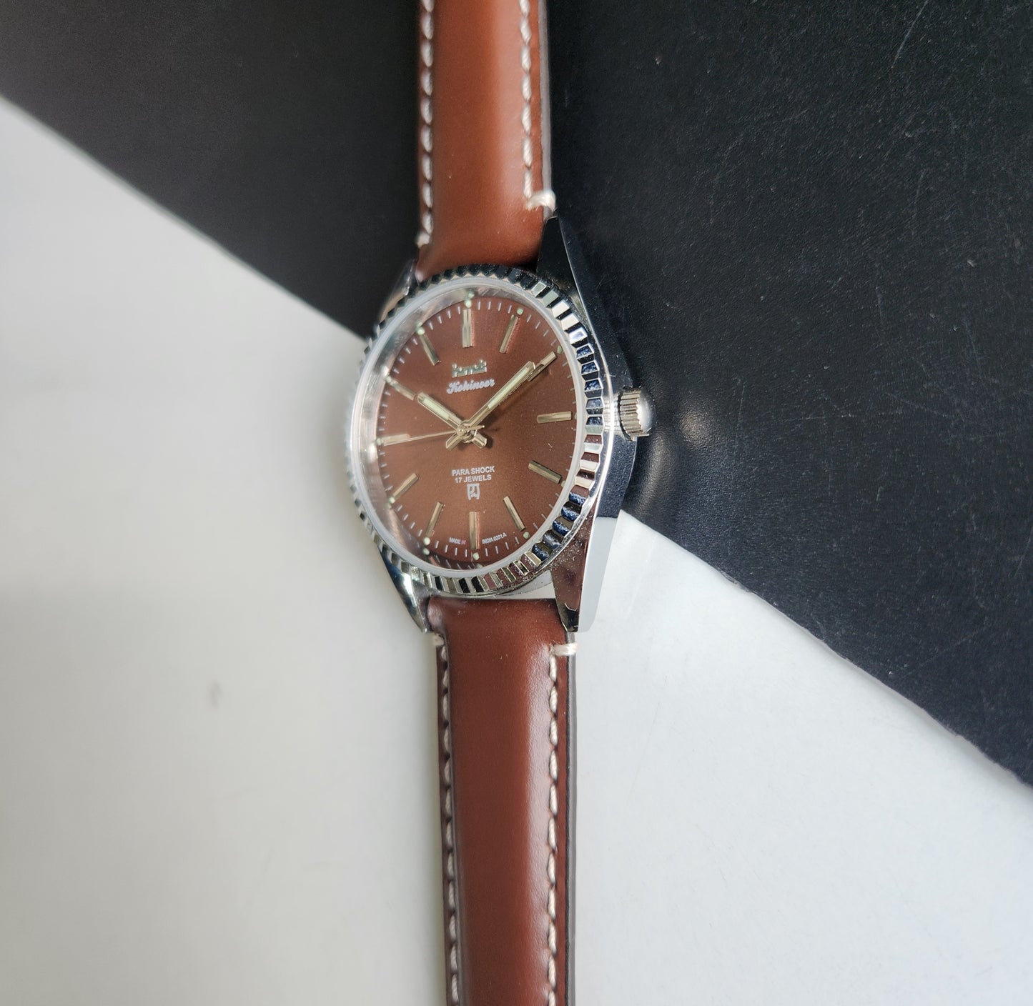 Vintage HMT Kohinoor Hand Winding 17 Jewels Brown Face Fluted Bezel Brown Leather strap Men's Wrist Watch G37
