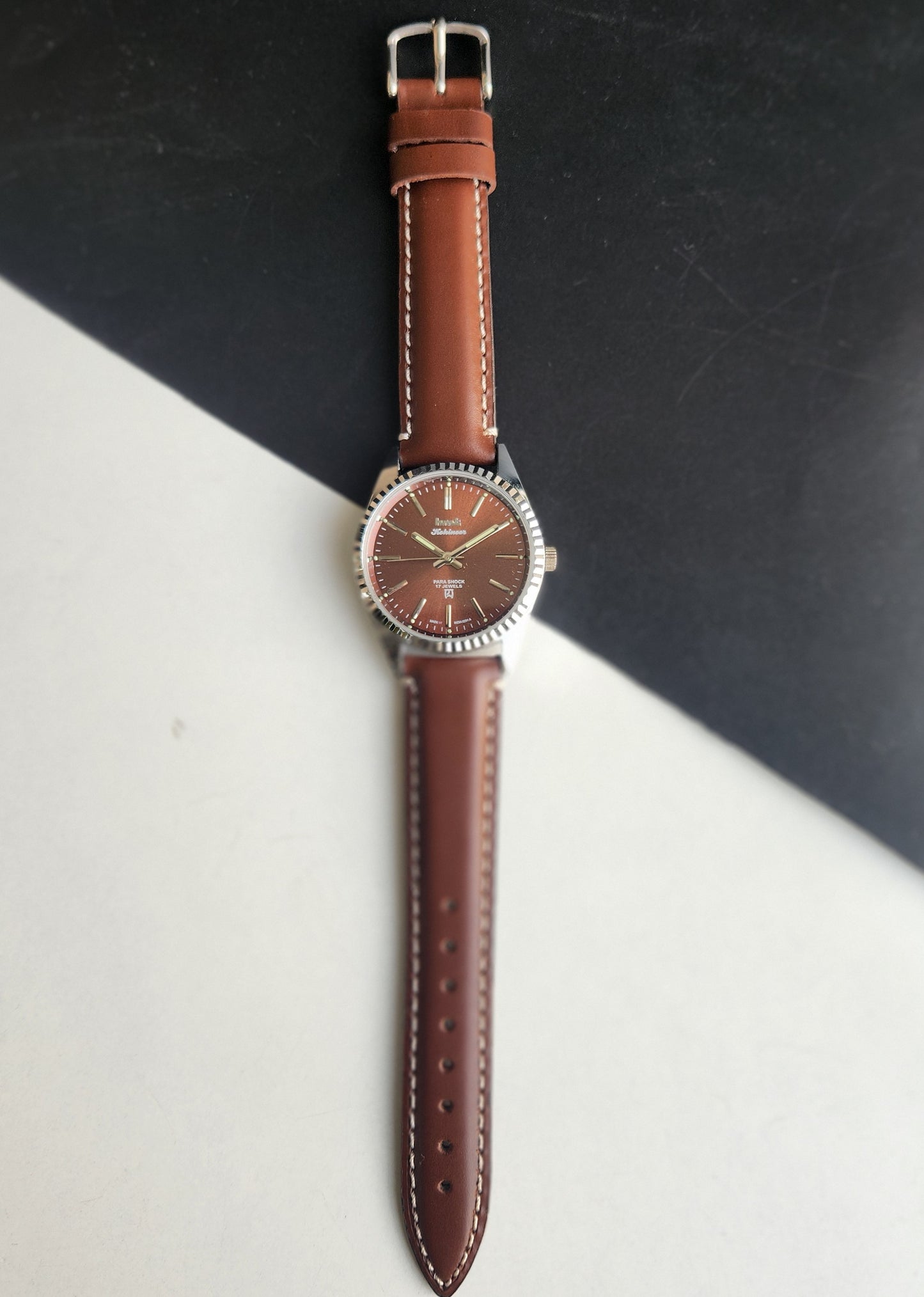 Vintage HMT Kohinoor Hand Winding 17 Jewels Brown Face Fluted Bezel Brown Leather strap Men's Wrist Watch G37
