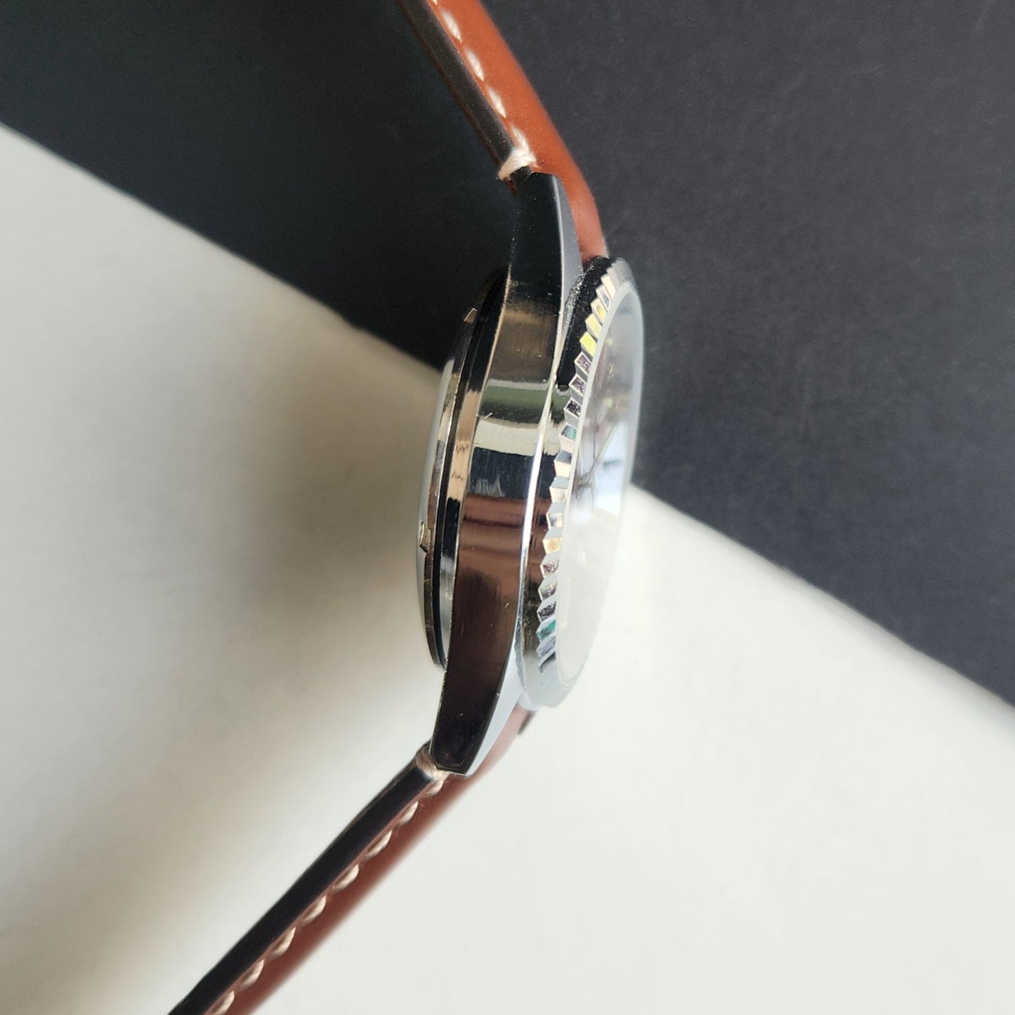 Vintage HMT Kohinoor Hand Winding 17 Jewels Brown Face Fluted Bezel Brown Leather strap Men's Wrist Watch G37