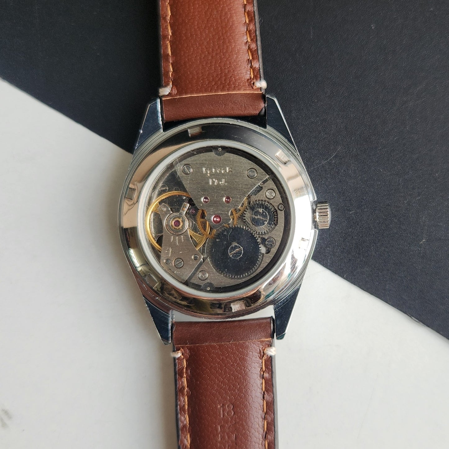 Vintage HMT Kohinoor Hand Winding 17 Jewels Brown Face Fluted Bezel Brown Leather strap Men's Wrist Watch G37