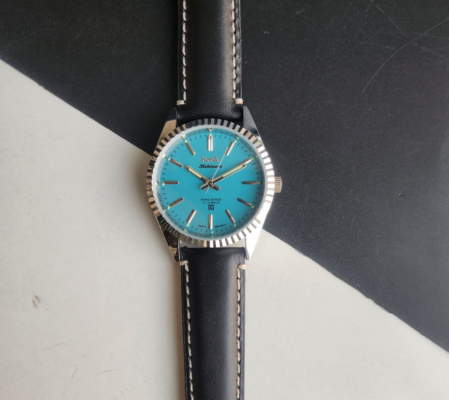 Vintage HMT Kohinoor Hand Winding 17 Jewels Sky Blue Face Fluted Bezel Black Leather strap Men's Wrist Watch G36