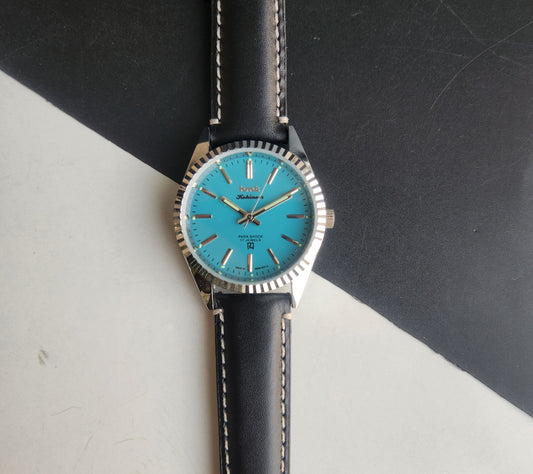 Vintage MOD HMT Kohinoor Hand Winding 17 Jewels Sky Blue Face Fluted Bezel Black Leather strap Men's Wrist Watch G36
