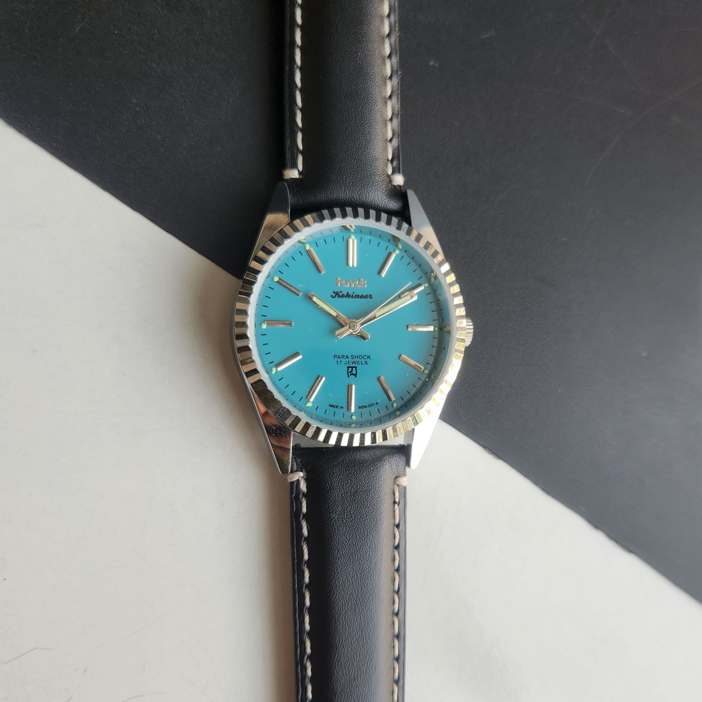 Vintage HMT Kohinoor Hand Winding 17 Jewels Sky Blue Face Fluted Bezel Black Leather strap Men's Wrist Watch G36
