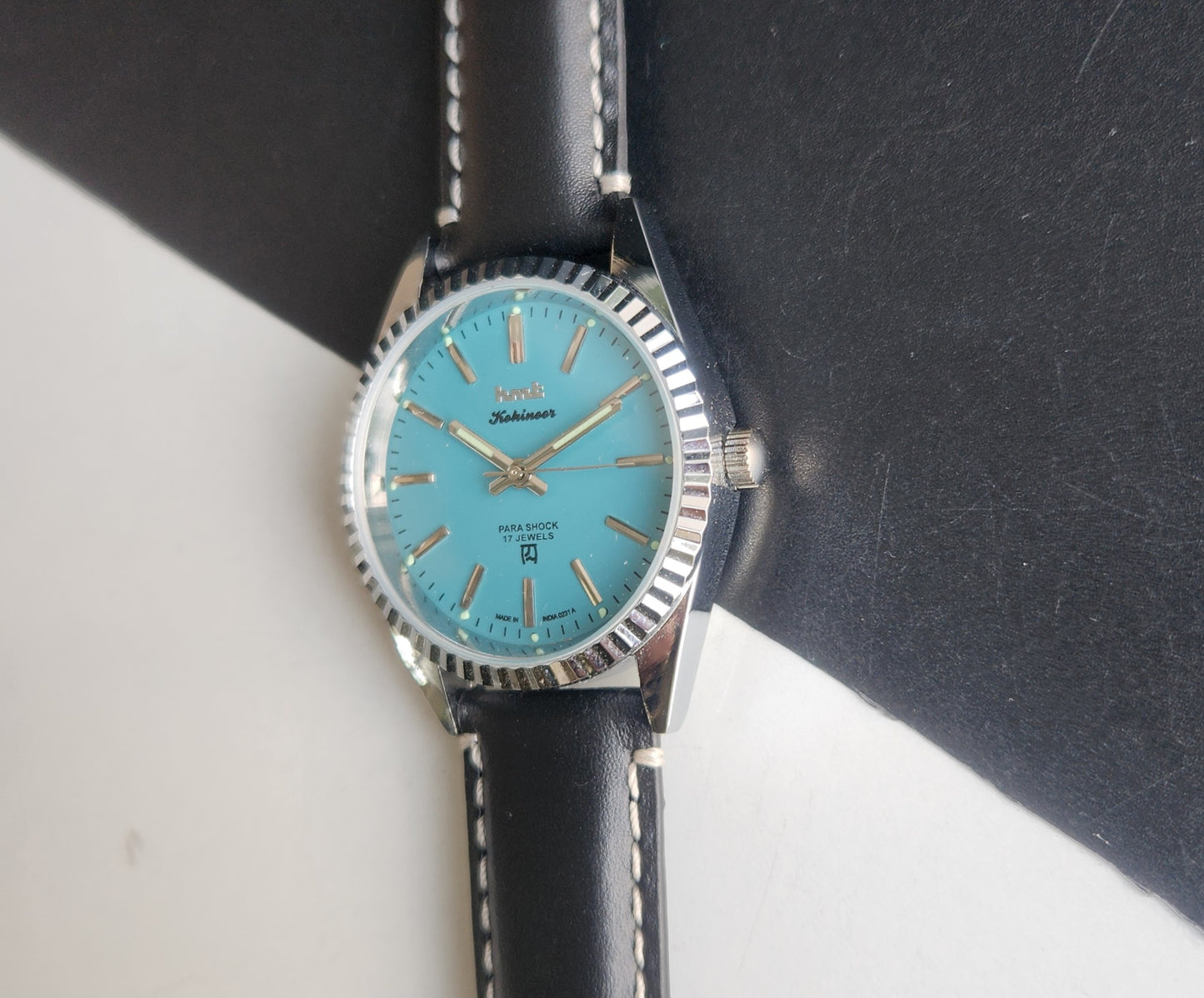 Vintage HMT Kohinoor Hand Winding 17 Jewels Sky Blue Face Fluted Bezel Black Leather strap Men's Wrist Watch G36
