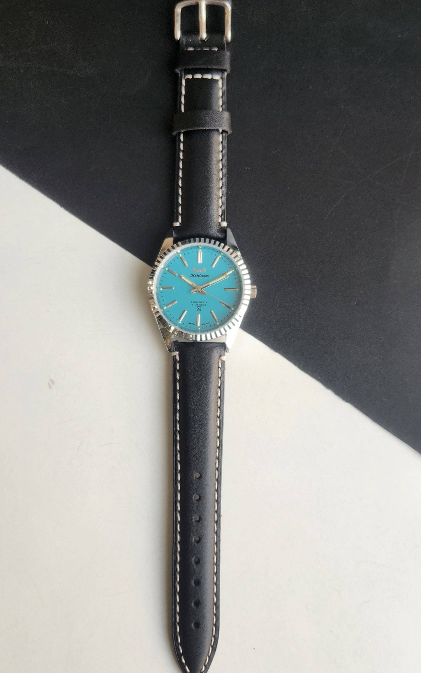 Vintage HMT Kohinoor Hand Winding 17 Jewels Sky Blue Face Fluted Bezel Black Leather strap Men's Wrist Watch G36