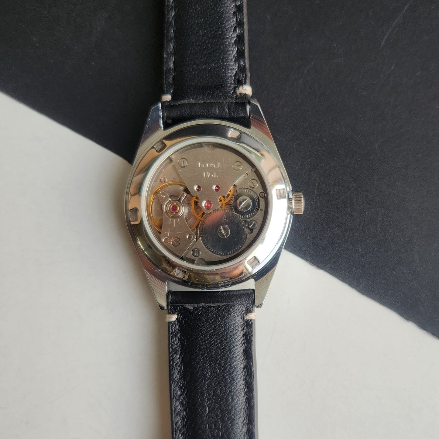 Vintage HMT Kohinoor Hand Winding 17 Jewels Sky Blue Face Fluted Bezel Black Leather strap Men's Wrist Watch G36