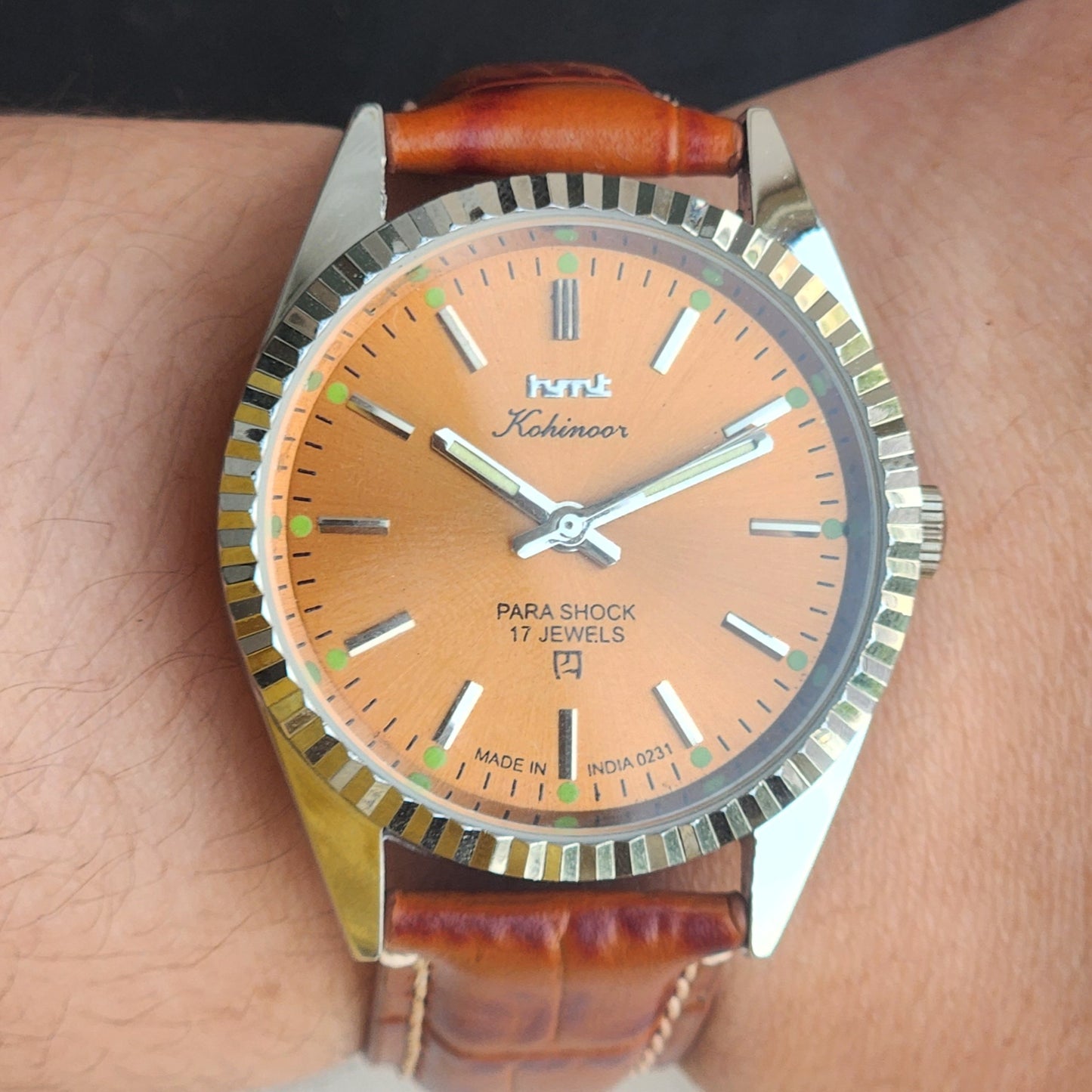 Vintage HMT Kohinoor Hand Winding 17 Jewels Orange Face Fluted Bezel Brown Leather strap Men's Wrist Watch G42