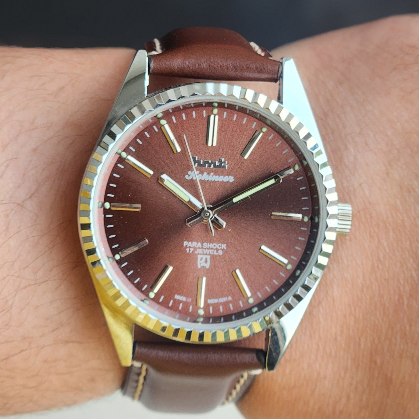 Vintage HMT Kohinoor Hand Winding 17 Jewels Brown Face Fluted Bezel Brown Leather strap Men's Wrist Watch G37