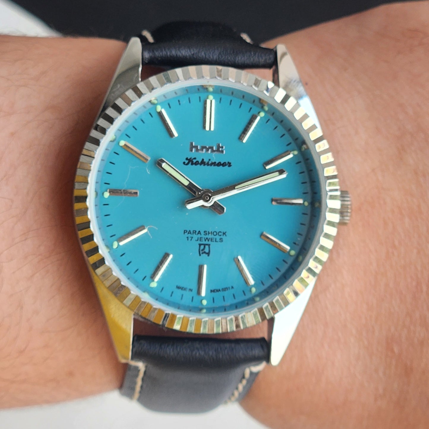 Vintage HMT Kohinoor Hand Winding 17 Jewels Sky Blue Face Fluted Bezel Black Leather strap Men's Wrist Watch G36